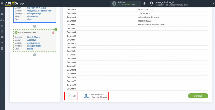 Webflow and Google Sheets integration | Сlick “Edit” or “Send test data to Google Sheets”