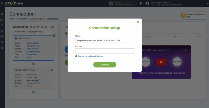 Google Sheets and PeopleForce integration | In this window, you have to specify the API key