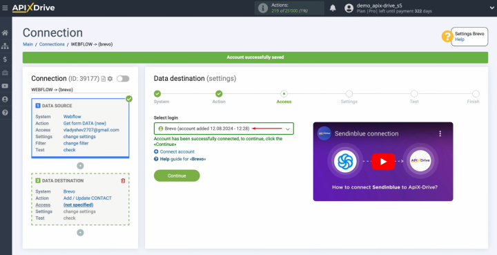 Webflow and Brevo integration | Select the connected login