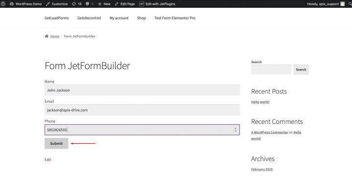 JetFormBuilder and Notion integration | Fill out the form and click “Submit”