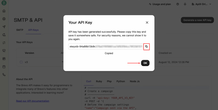 Webflow and Brevo integration | Copy the API key and click “OK”