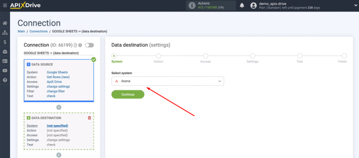 Google Sheets and Asana integration | Select Asana as the data reception system