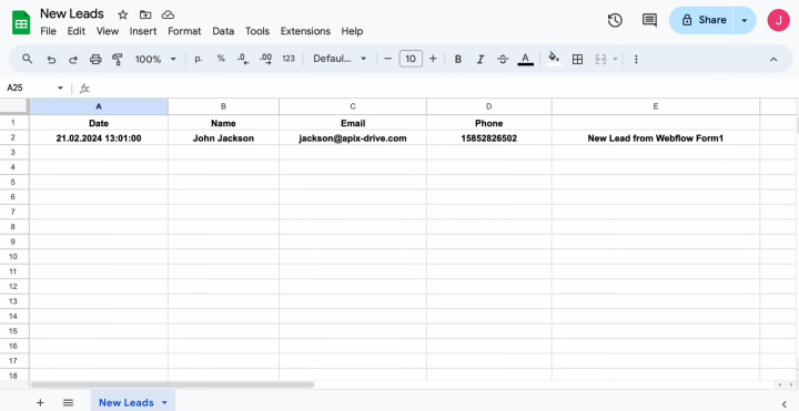 Webflow and Google Sheets integration | Open your Google Sheets file to verify the result