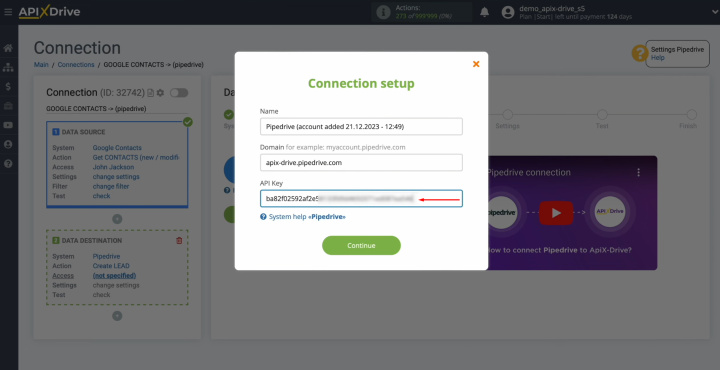 Pipedrive and Google Contacts integration | Paste the API key into the appropriate field