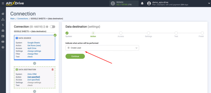 Google Sheets and Zoho CRM integration | Define the action