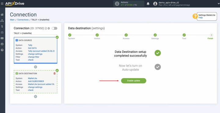 Tally and MailerLite integration | Click on the button “Enable update”