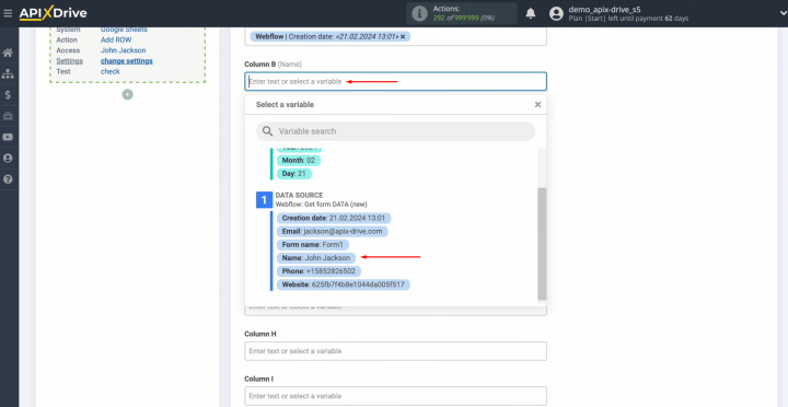 Webflow and Google Sheets integration | Assign variables from Webflow to columns