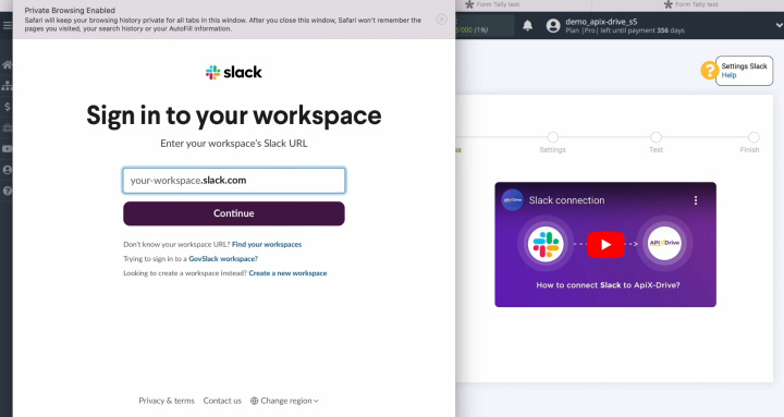 Tally and Slack integration | In this window, you must indicate your workspace