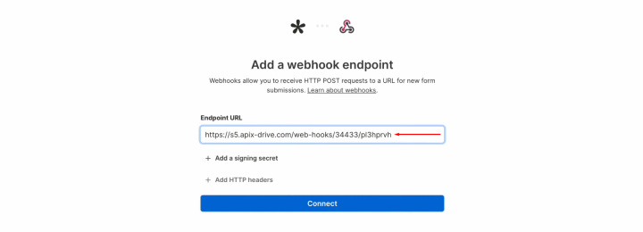 Tally and MailerLite integration | Paste the copied URL into the ApiX-Drive system