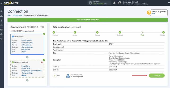 Google Sheets and PeopleForce integration | Return to ApiX-Drive and continue setting up