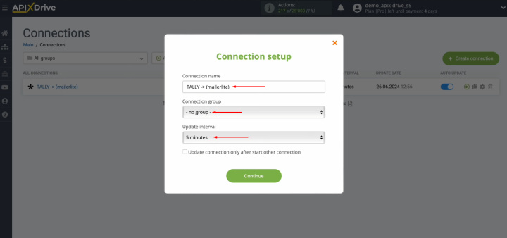 Tally and MailerLite integration | Select the interval for the operation of the connection