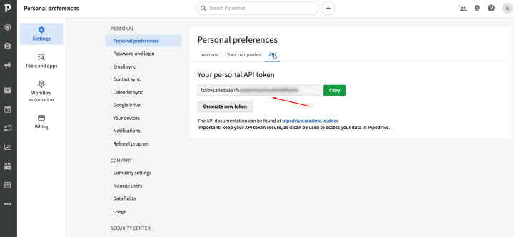 Pipedrive and Slack integration | Copy the API key