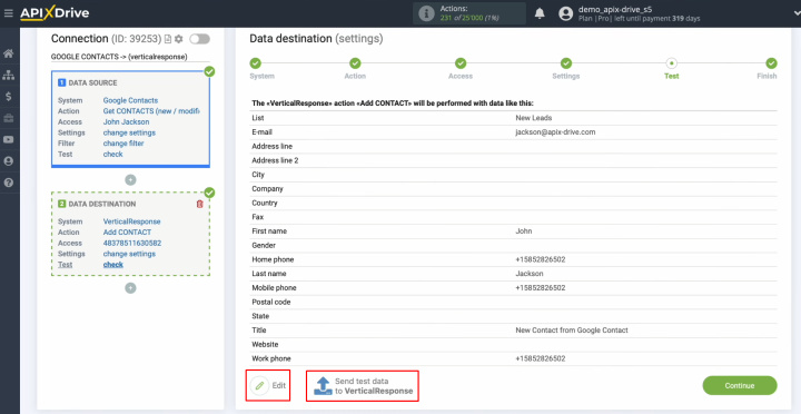 Google Contacts and VerticalResponse integration | Click “Edit” or “Send test data to VerticalResponse”