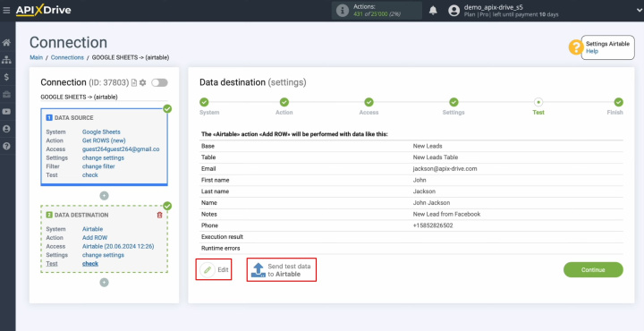 Google Sheets and Airtable integration | Click “Edit” or “Send test data to Airtable”