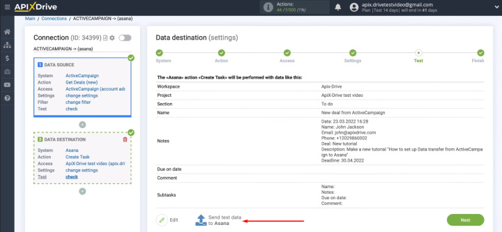 ActiveCampaign and Asana integration |&nbsp;Send test data to Asana