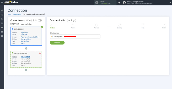 Paperform and Gmail integration | Select “Gmail (send)” as the data receiving system