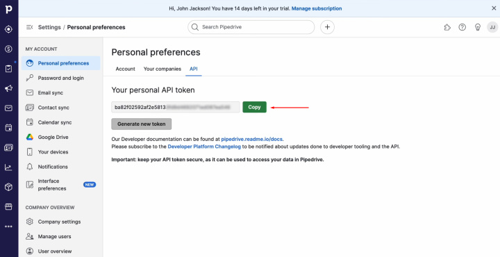 Pipedrive and Google Contacts integration | Copy the API key