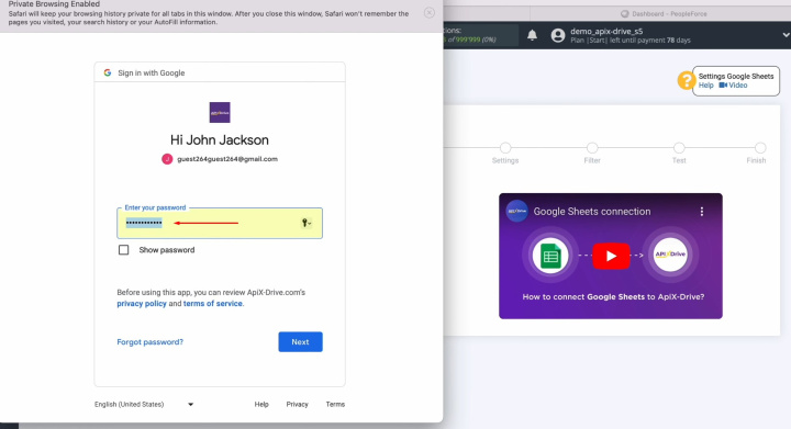 Google Sheets and PeopleForce integration | Enter the password of your Google account