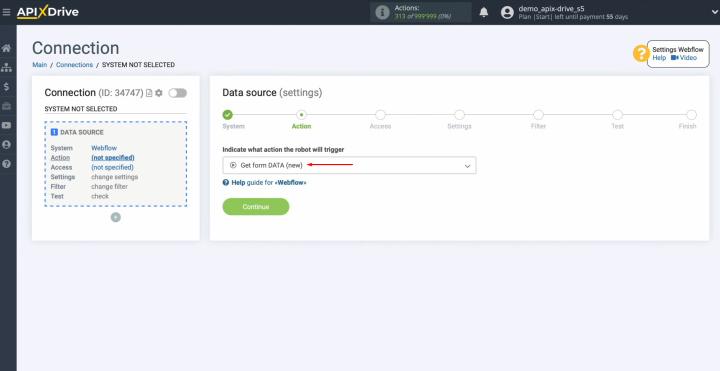 Integración de Salesforce y Webflow | Elija la acción "Get form DATA (new)"