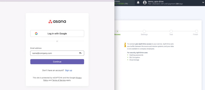 Integración de Hojas de cálculo de Google y Asana | Ingresar inicio de sesión