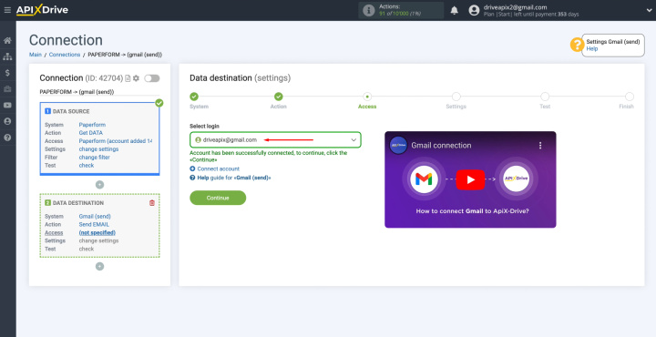 Integración de Paperform y Gmail | Seleccione la cuenta conectada