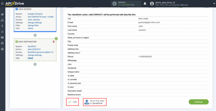 Integración de Google Contacts y SendGrid | Para comprobar la corrección de la configuración, haga clic en “Enviar datos de prueba a SendGrid”