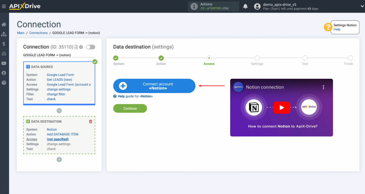 Integración de Notion y el formulario de clientes potenciales de Google Ads | Vincula tu cuenta de Notion a ApiX-Drive