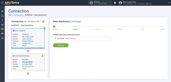 Integración de Facebook y BulkSMS | Elige la acción “Enviar SMS”