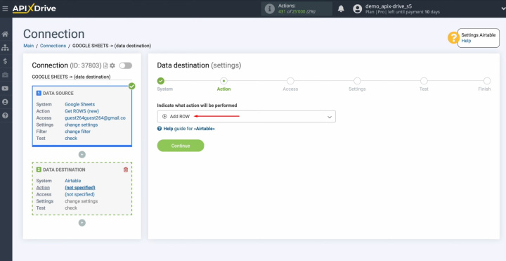 Integración de Google Sheets y Airtable | Seleccione la acción "Agregar FILA"