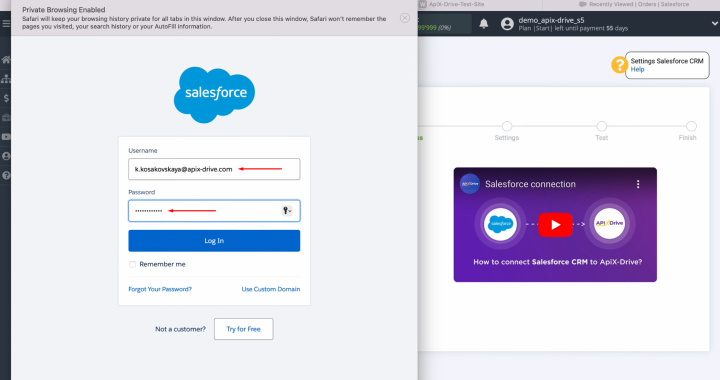 Integración de Webflow y Salesforce | Especifique el nombre de usuario y la contraseña