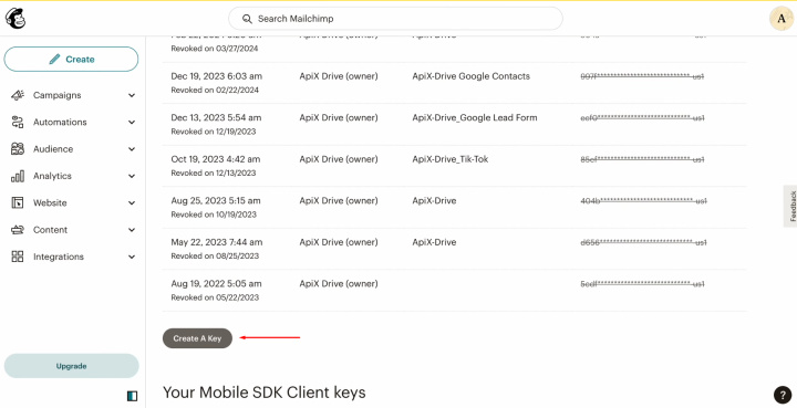 Integración de Airtable y MailChimp | Haga clic en "Crear una clave"