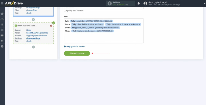 Integración de Tally y Slack | Haga clic en "Editar y continuar"