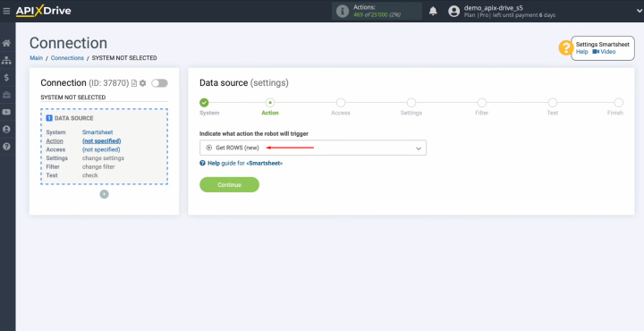 Integración de Smartsheet y Airtable | Seleccione la acción "Obtener FILAS (nueva)"