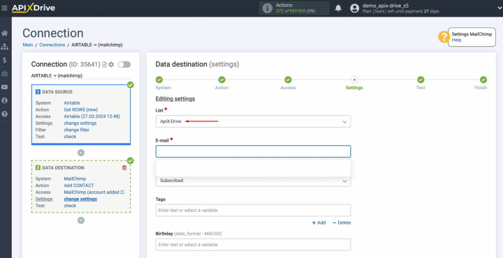 Integración de Airtable y MailChimp | Seleccione la lista a la que se agregarán nuevos contactos