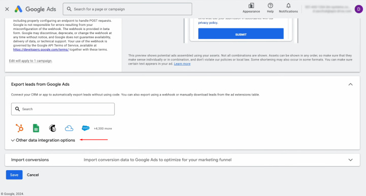 Integración de Google Ads Lead Form y Notion | Localiza la sección “Otras opciones de integración de datos”