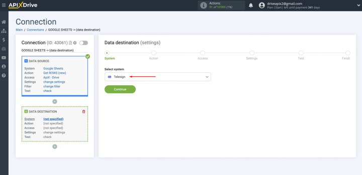 Integración de Google Sheets y Telesign | Seleccione Teleseñal