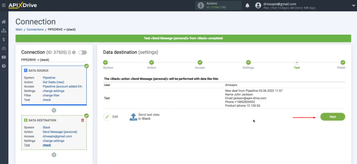 Integración de Pipedrive y Slack | Haga clic en Siguiente"