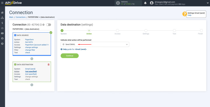 Integración de Paperform y Gmail | Seleccione la acción "Enviar EMAIL"