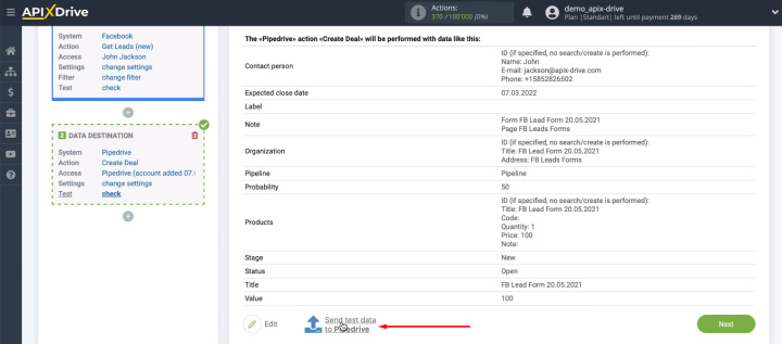 Integración de Facebook y Pipedrive | Enviar datos de prueba a Pipedrive