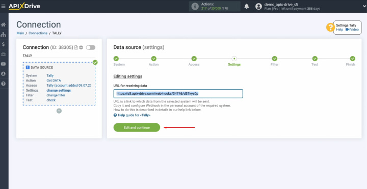 Integración de Tally y Slack | Regresar a ApiX-Drive y continuar con la configuración