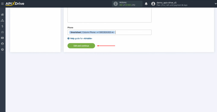 Integración de Smartsheet y Airtable | Haga clic en "Editar y continuar"