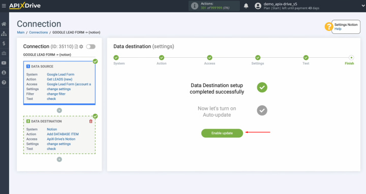 Integración de Google Ads Lead Form y Notion | Haga clic en “Habilitar actualización”