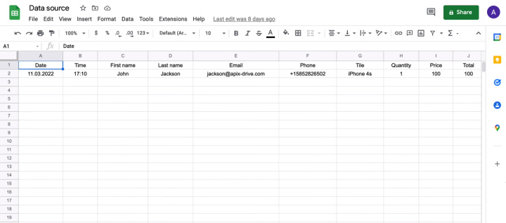 Integración de Hojas de cálculo de Google y Asana | Lead en una hoja de cálculo