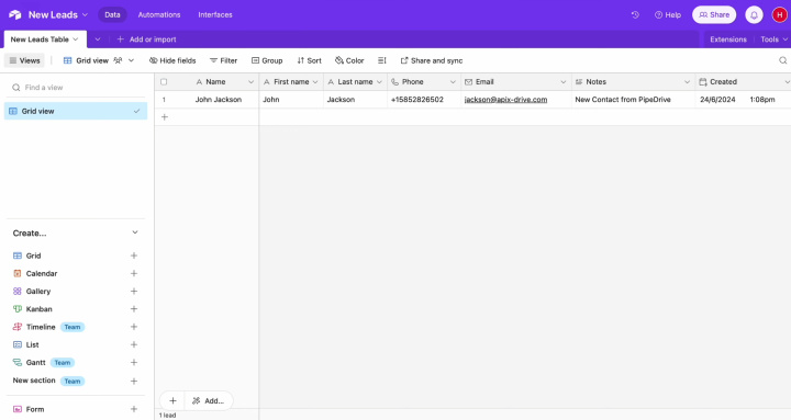 Integración de Pipedrive y Airtable | Resultado de la transferencia de datos a Airtable