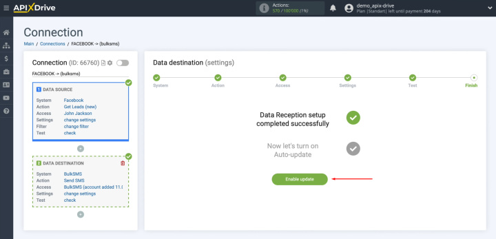 Integración de Facebook y BulkSMS | Haga clic en “Habilitar actualización”