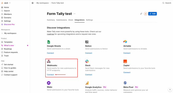 Integración de Tally y ActiveCampaign | Busque el sistema Webhooks y haga clic en “Connect”