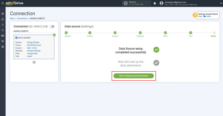 Integración de Google Sheets y Telesign | Haga clic en "Comenzar a configurar el destino de datos"