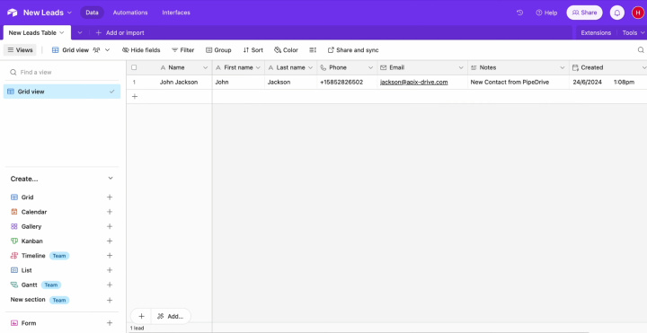 Integración de Pipedrive y Airtable | Vaya a Airtable y verifique el resultado