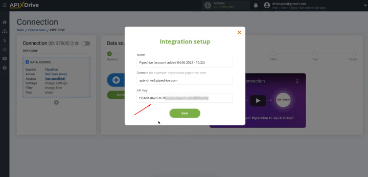 Integración de Pipedrive y Slack | Pegue la clave API en el campo correspondiente