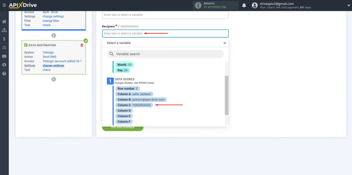 Integración de Google Sheets y Telesign | Complete los campos con variables de Google Sheets